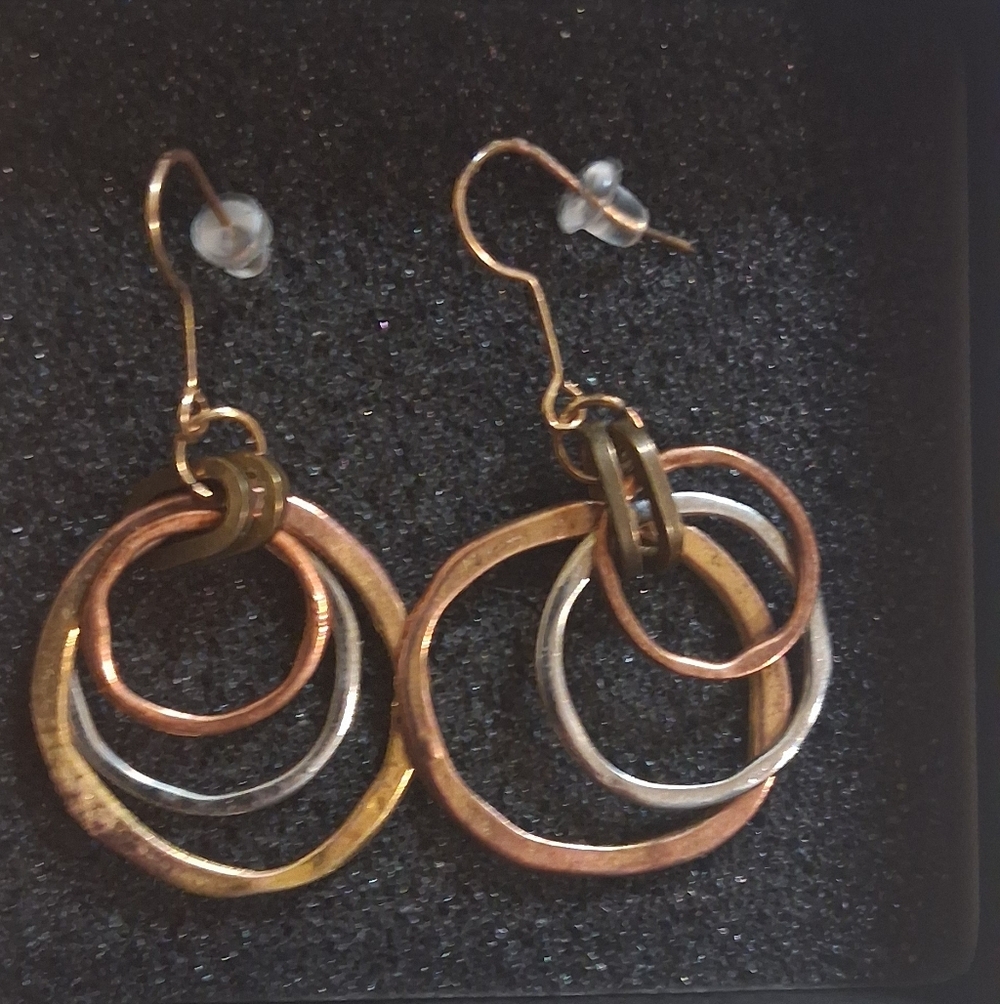 Tri-Tone Interlocking Hoop Drop Earrings - Gold, Rose, Silver